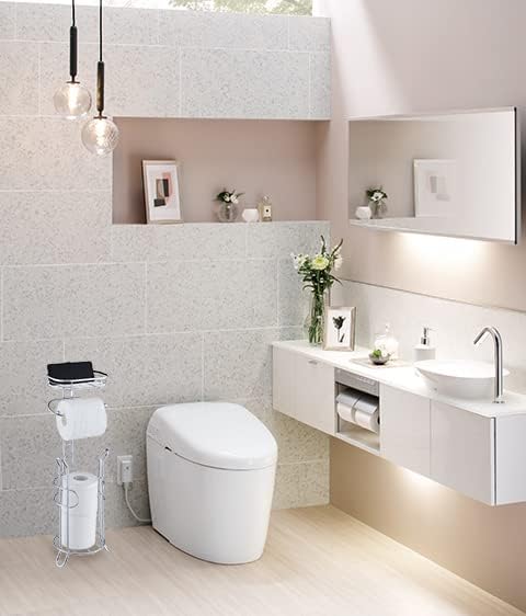 SunnyPoint Bathroom Heavyweight Toilet Tissue Paper Roll Storage Holder Stand with Reserve and Shelve, The Reserve Area Has Enough Space to Store Mega Rolls. (Chrome)