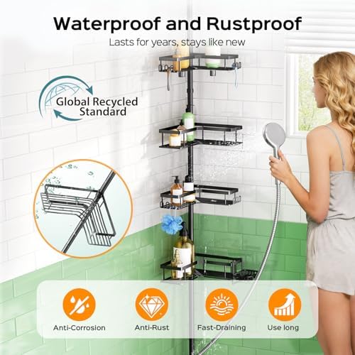 HAMITOR Shower Caddy Tension Pole: 4-Tier Corner Rustproof Bathroom Organizer with Soap Holder & Hooks - No-Drill Adjustable Shower Shelf for Renters - Family Stand Storage Rack - 47-123 Inch Black