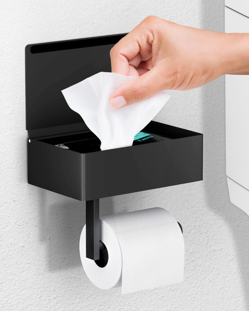 Day Moon™ Matte Black Toilet Paper Holder with Shelf, Wipe Holder for Bathroom Flushable Wipes Dispenser Toilet Paper and Wipes Holder Toilet Paper Holder with Storage