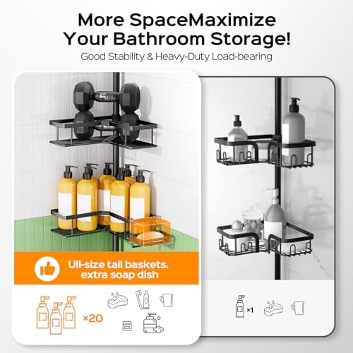 HAMITOR Shower Caddy Tension Pole: 4-Tier Corner Rustproof Bathroom Organizer with Soap Holder & Hooks - No-Drill Adjustable Shower Shelf for Renters - Family Stand Storage Rack - 47-123 Inch Black
