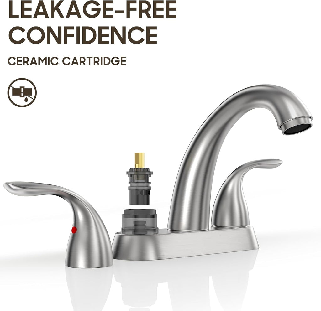 Phiestina Centerset 4 Inch Brushed Nickel 2 or 3 Holes Stainless Steel Bathroom Sink Faucet, 2 Handle Bathroom Faucet with Copper Pop Up Drain and Water Supply Lines, BF008-5-BN