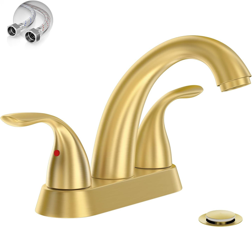 Phiestina Centerset 4 Inch Brushed Nickel 2 or 3 Holes Stainless Steel Bathroom Sink Faucet, 2 Handle Bathroom Faucet with Copper Pop Up Drain and Water Supply Lines, BF008-5-BN