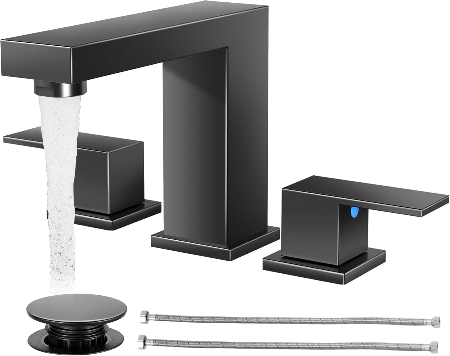 Cobbe Waterfall Bathroom Faucets 3 Hole, Matte Black Bathroom Sink Faucet Square 4 Inch Centerset with Pop-Up Drain, 2 Handle and 2 Supply Hoses, Lead-Free Stainless Steel for Vanity Sink Rv