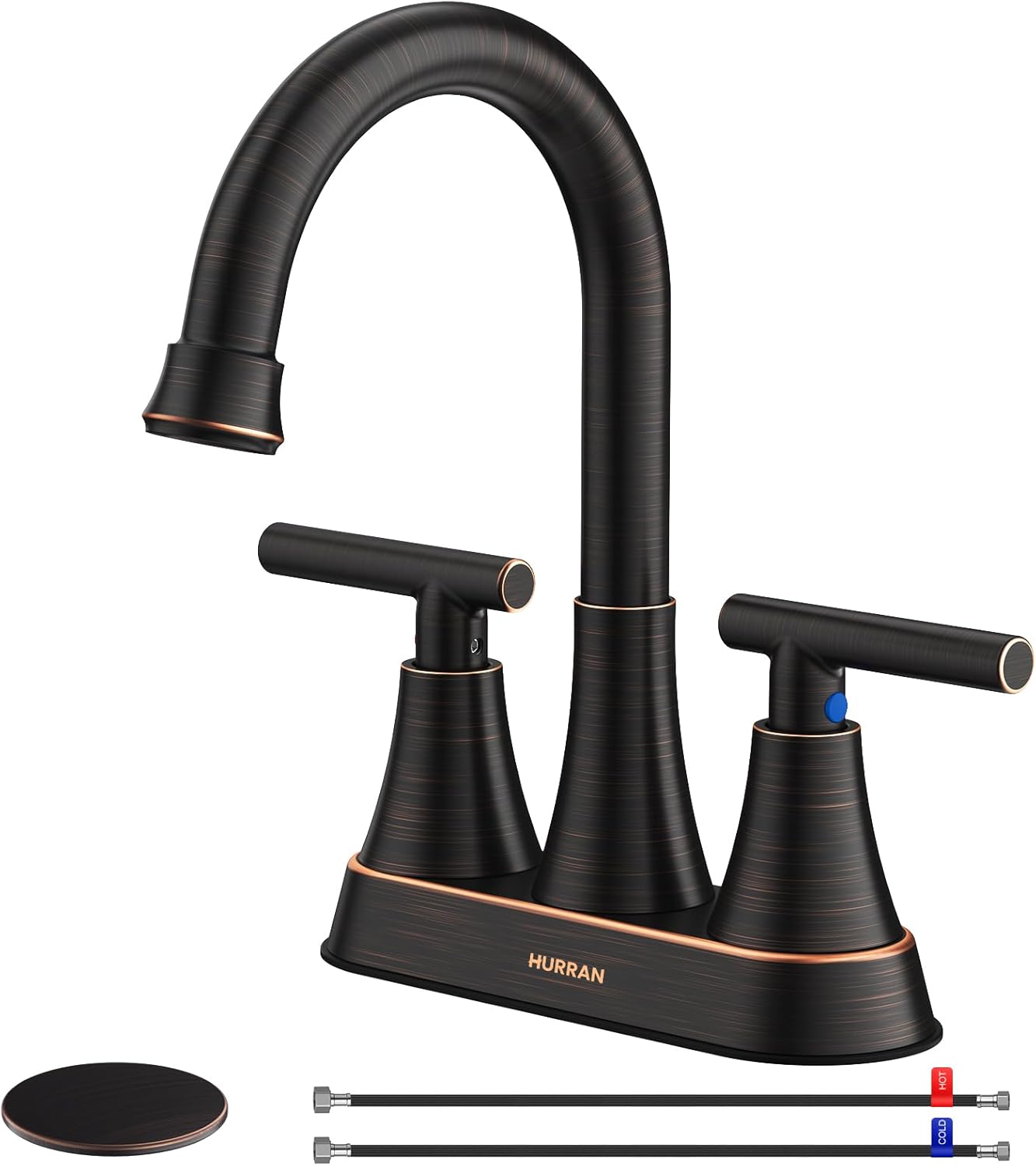 Bathroom Faucets for Sink 3 Hole, Hurran 4 inch Matte Black with Pop-up Drain and 2 Supply Hoses, Stainless Steel Lead-Free 2-Handle Centerset Faucet for Sink Vanity