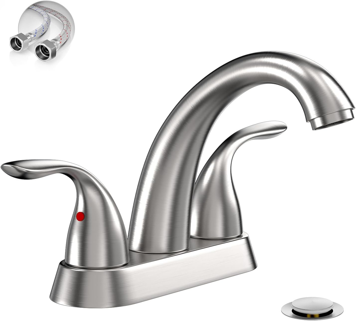 Phiestina Centerset 4 Inch Brushed Nickel 2 or 3 Holes Stainless Steel Bathroom Sink Faucet, 2 Handle Bathroom Faucet with Copper Pop Up Drain and Water Supply Lines, BF008-5-BN