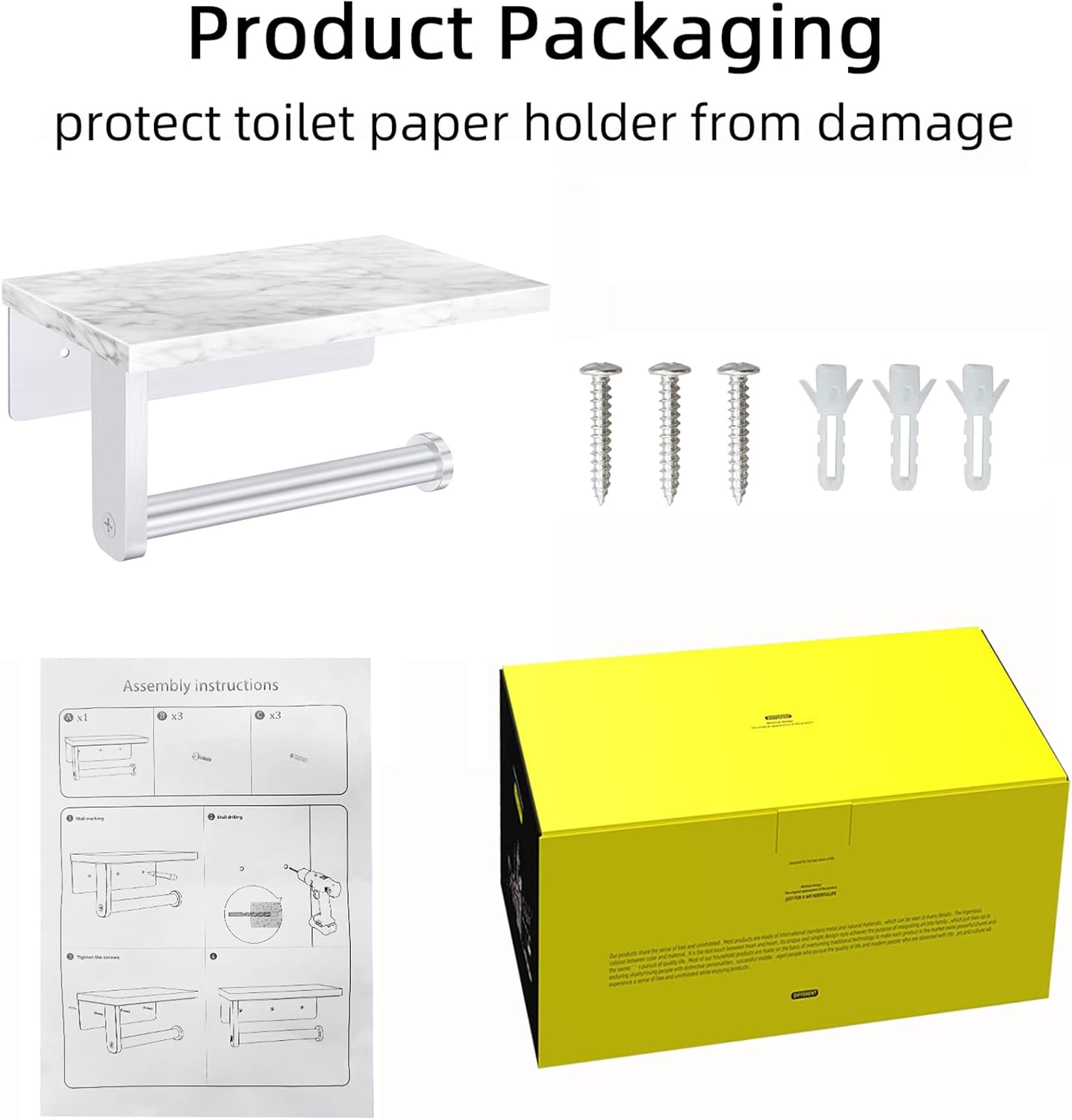 Brushed Nickel Toilet Paper Holder with Natural Marble Shelf, Screw Wall Mounted, Tissue Roll Holder for Bathroom Washroom