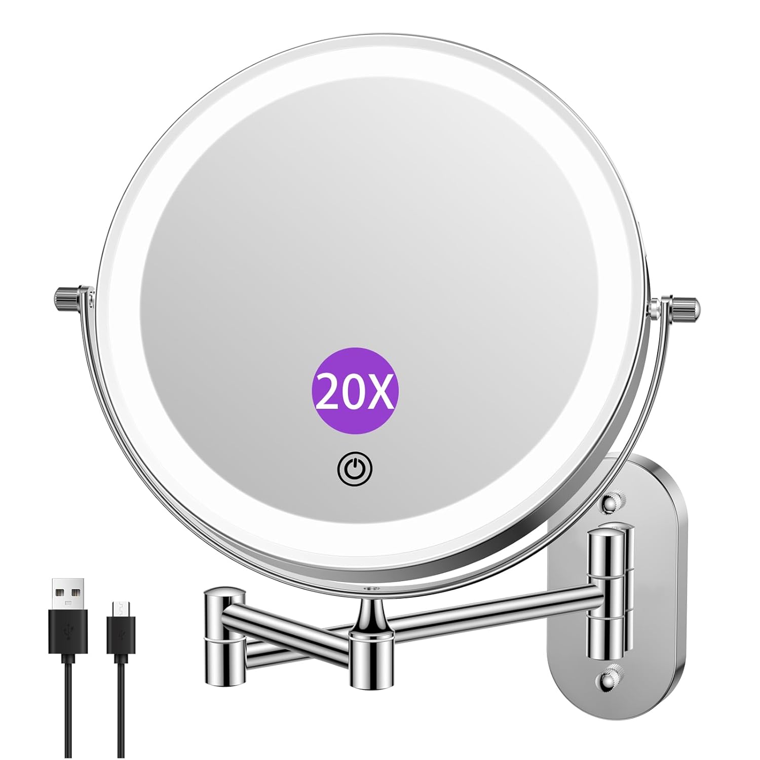 FUNTOUCH 5000mAh Rechargeable Wall Mounted Lighted Makeup Vanity Mirrors, Double Sided 1X 30X Magnifying, 3 Color Lighting, Touch Screen Dimming, Extended Arm 360 Rotation Shaving Bathroom Mirror