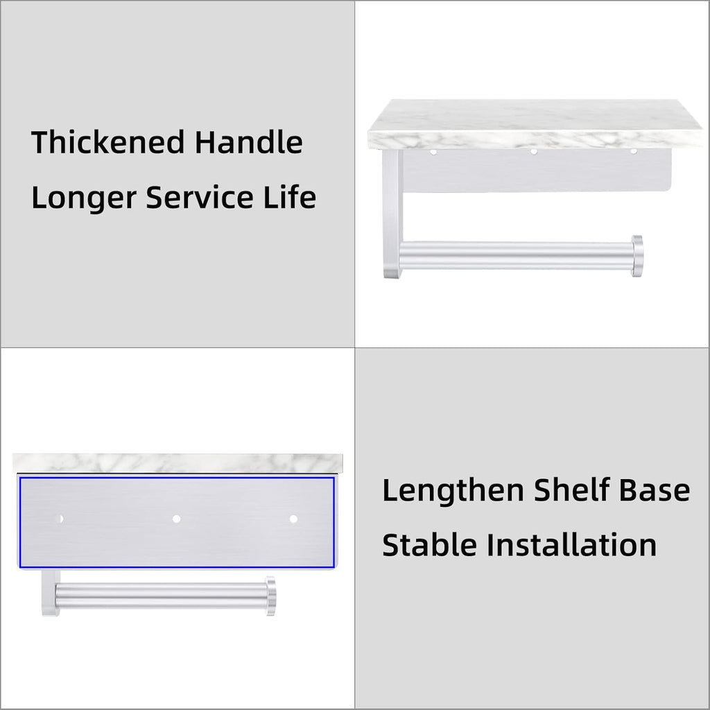 Brushed Nickel Toilet Paper Holder with Natural Marble Shelf, Screw Wall Mounted, Tissue Roll Holder for Bathroom Washroom