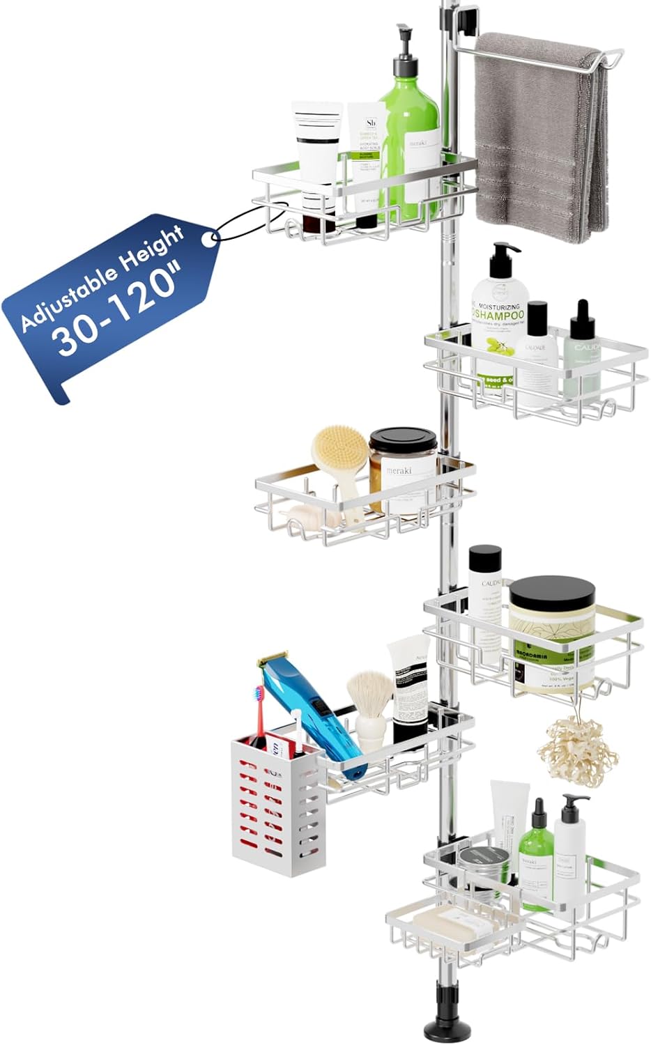Shower Caddy Organizer Tension Pole, Rustproof 6-Pack Corner Shelf with 30-120 Inch Adjustable Shower Rack for Inside Shower, Extra Towel Bar & Soap Dish for Bathroom Organizers and Storage, Black
