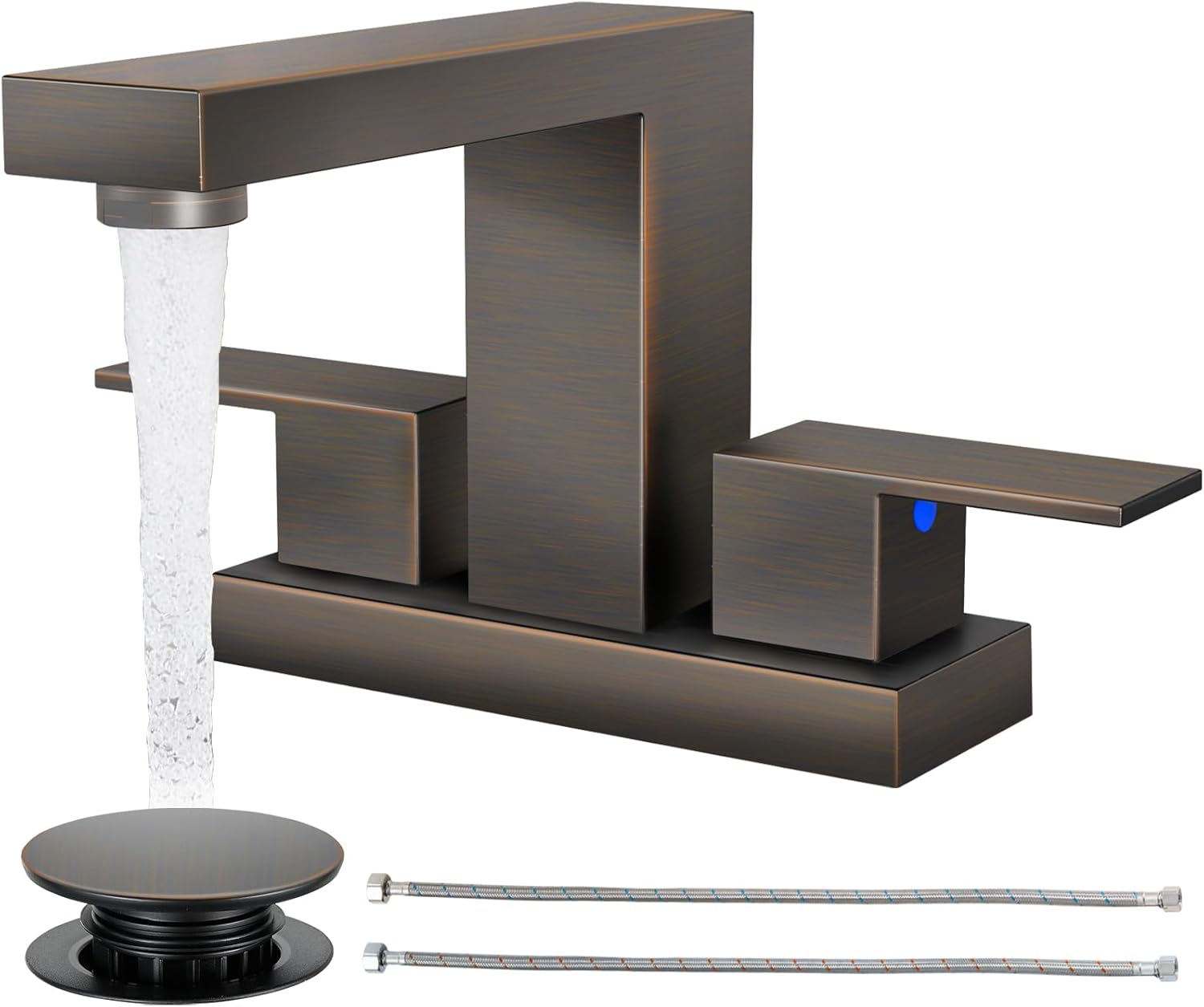 Cobbe Waterfall Bathroom Faucets 3 Hole, Matte Black Bathroom Sink Faucet Square 4 Inch Centerset with Pop-Up Drain, 2 Handle and 2 Supply Hoses, Lead-Free Stainless Steel for Vanity Sink Rv