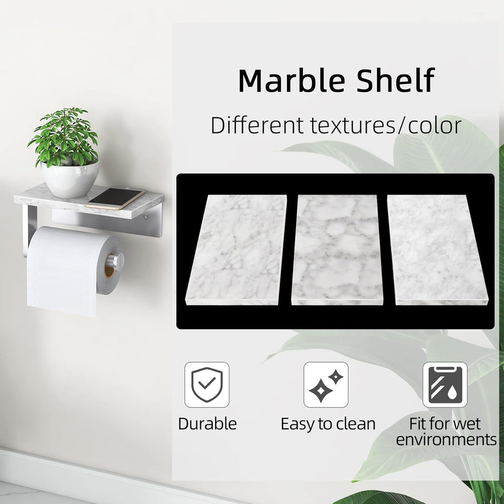 Brushed Nickel Toilet Paper Holder with Natural Marble Shelf, Screw Wall Mounted, Tissue Roll Holder for Bathroom Washroom