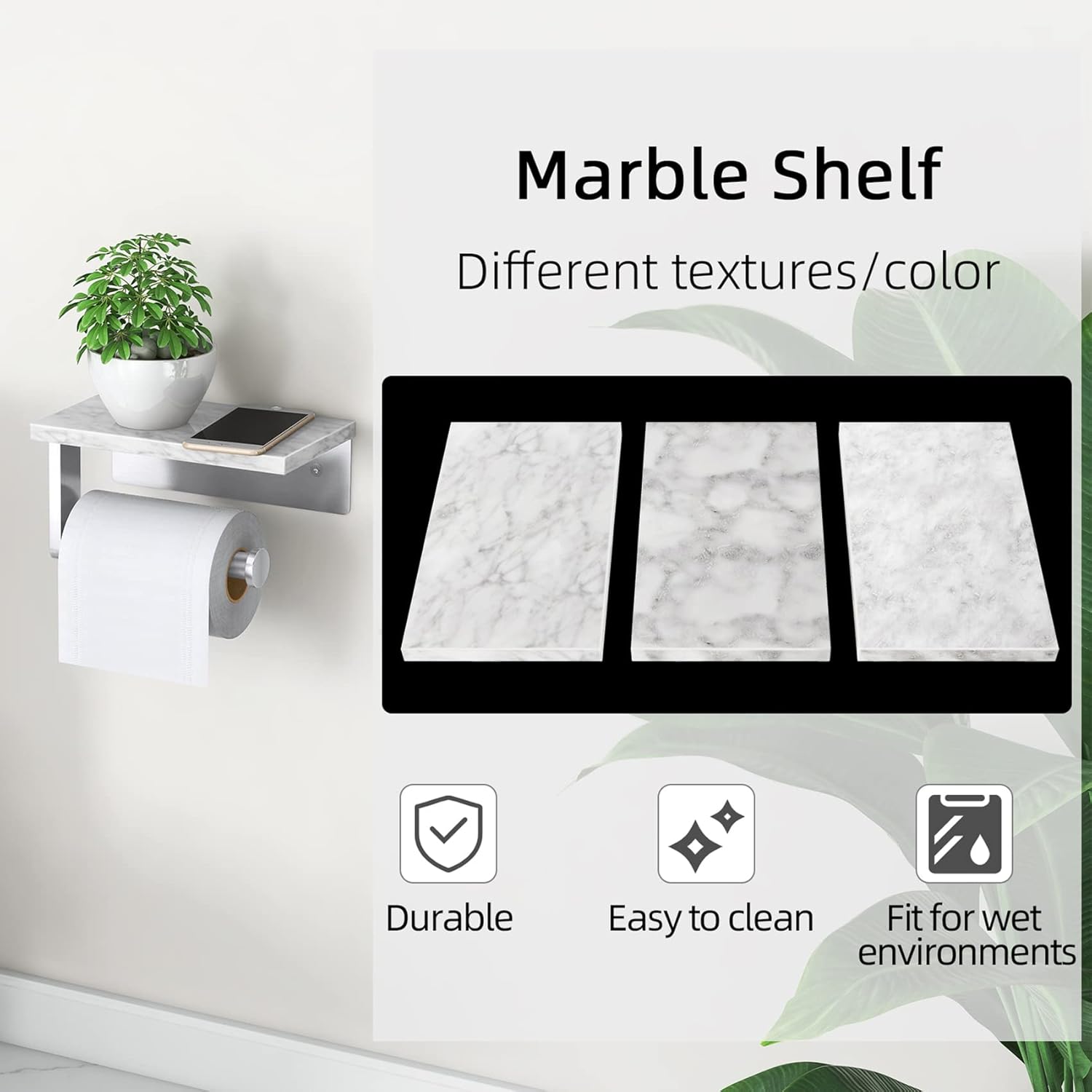 Brushed Nickel Toilet Paper Holder with Natural Marble Shelf, Screw Wall Mounted, Tissue Roll Holder for Bathroom Washroom