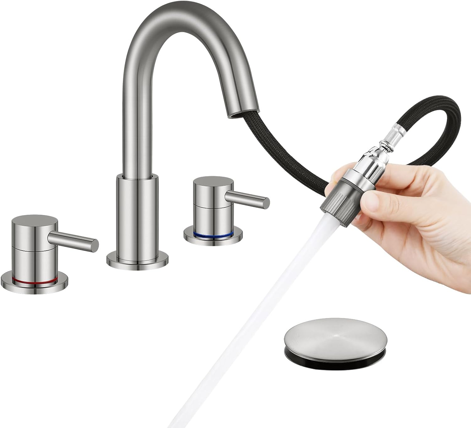 Bathroom Faucet 3 Hole, Brushed Gold Bathroom Sink Faucet with Pop Up Drain, 8 inch Widespread Bathroom Faucet with 360° Swivel Spout, 2 Handle Vanity Faucet with Water Supply Hoses