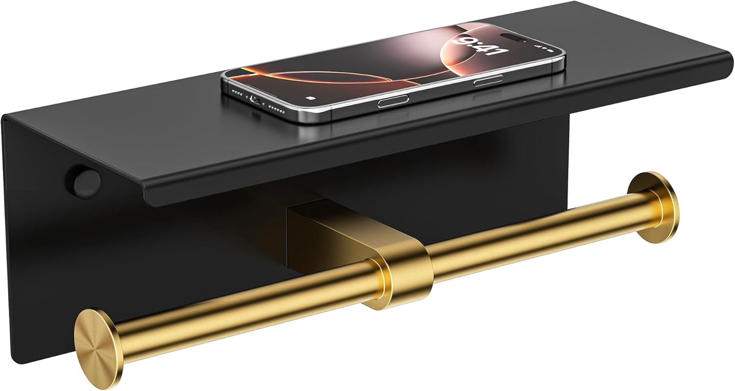 FORIOUS Double Toilet Paper Holder with Shelf, Wall Mount Tissue Roll Holder for Bathroom, 304 Stainless Steel Commercial Toilet Tissue Dispensers with Phone Shelf (1, Stainless Steel)