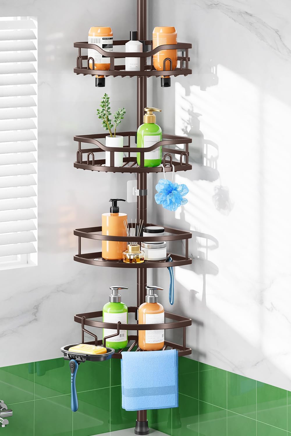 HAMITOR Shower Caddy Tension Pole: Rustproof Quick Install Corner Bathroom Organizer Shelf on Floor for Renters - 4-Tier Large Capacity Storage Rack with Soap Holder for Apartment -47-121 Inch/Black
