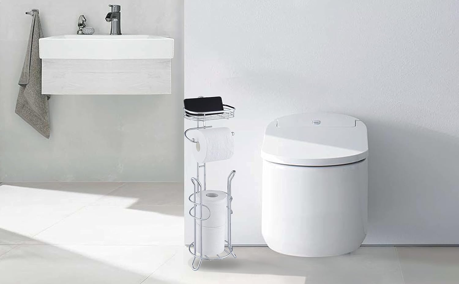 SunnyPoint Bathroom Heavyweight Toilet Tissue Paper Roll Storage Holder Stand with Reserve and Shelve, The Reserve Area Has Enough Space to Store Mega Rolls. (Chrome)