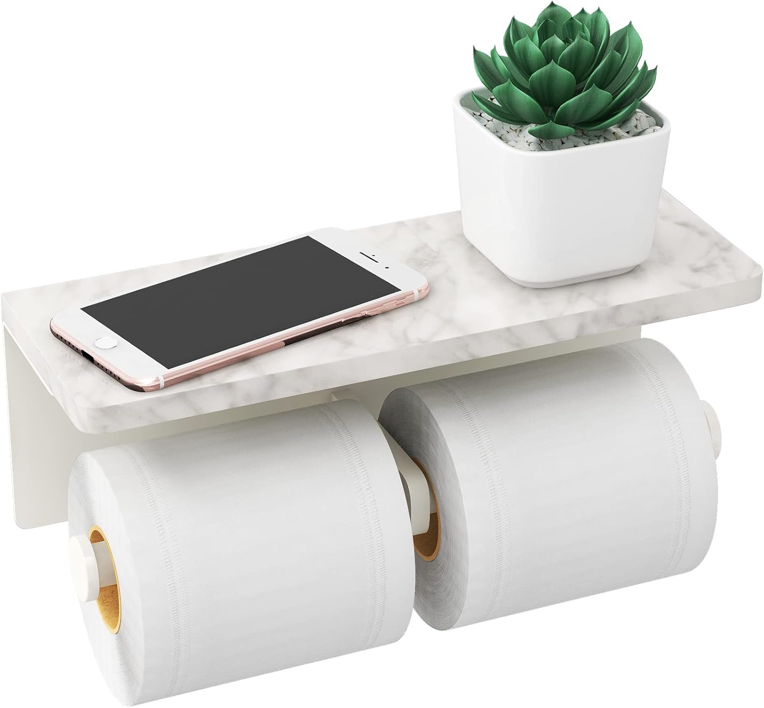 Brushed Nickel Toilet Paper Holder with Natural Marble Shelf, Screw Wall Mounted, Tissue Roll Holder for Bathroom Washroom