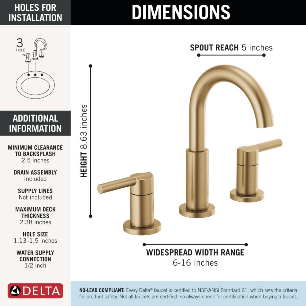 Delta Nicoli Brushed Gold Faucet 3 Hole, 8 Inch Widespread Bathroom Sink Faucet for Vanity, Push-Pop Drain Assembly, Champagne Bronze 35749LF-CZ