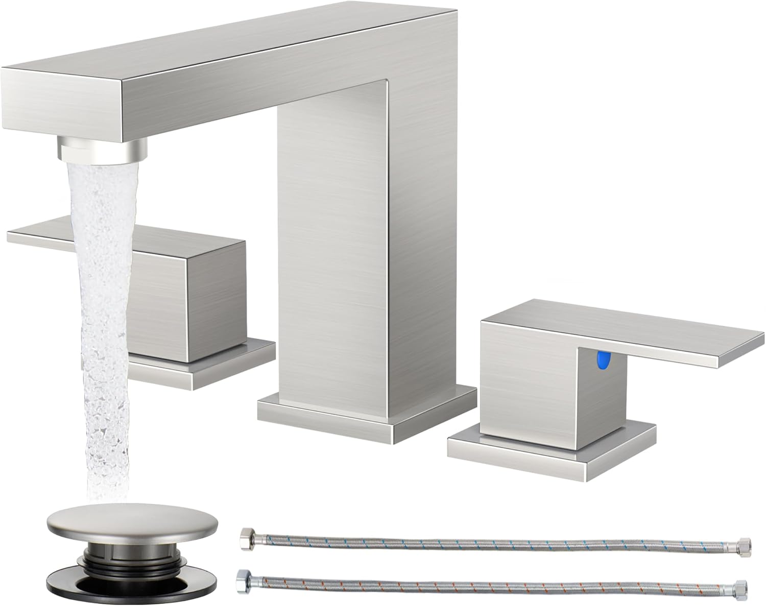 Cobbe Waterfall Bathroom Faucets 3 Hole, Matte Black Bathroom Sink Faucet Square 4 Inch Centerset with Pop-Up Drain, 2 Handle and 2 Supply Hoses, Lead-Free Stainless Steel for Vanity Sink Rv