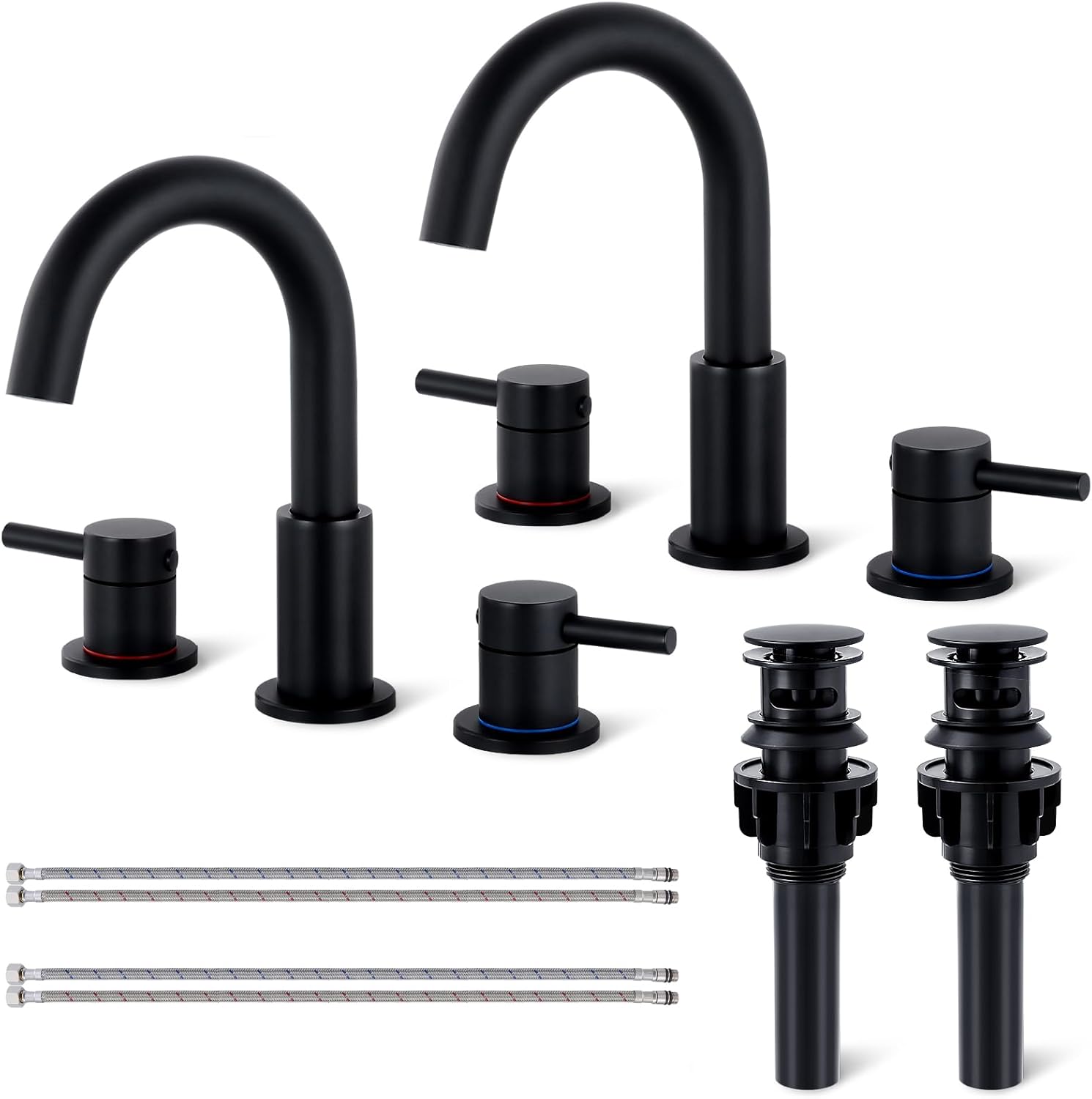 Bathroom Faucet 3 Hole, Brushed Gold Bathroom Sink Faucet with Pop Up Drain, 8 inch Widespread Bathroom Faucet with 360° Swivel Spout, 2 Handle Vanity Faucet with Water Supply Hoses