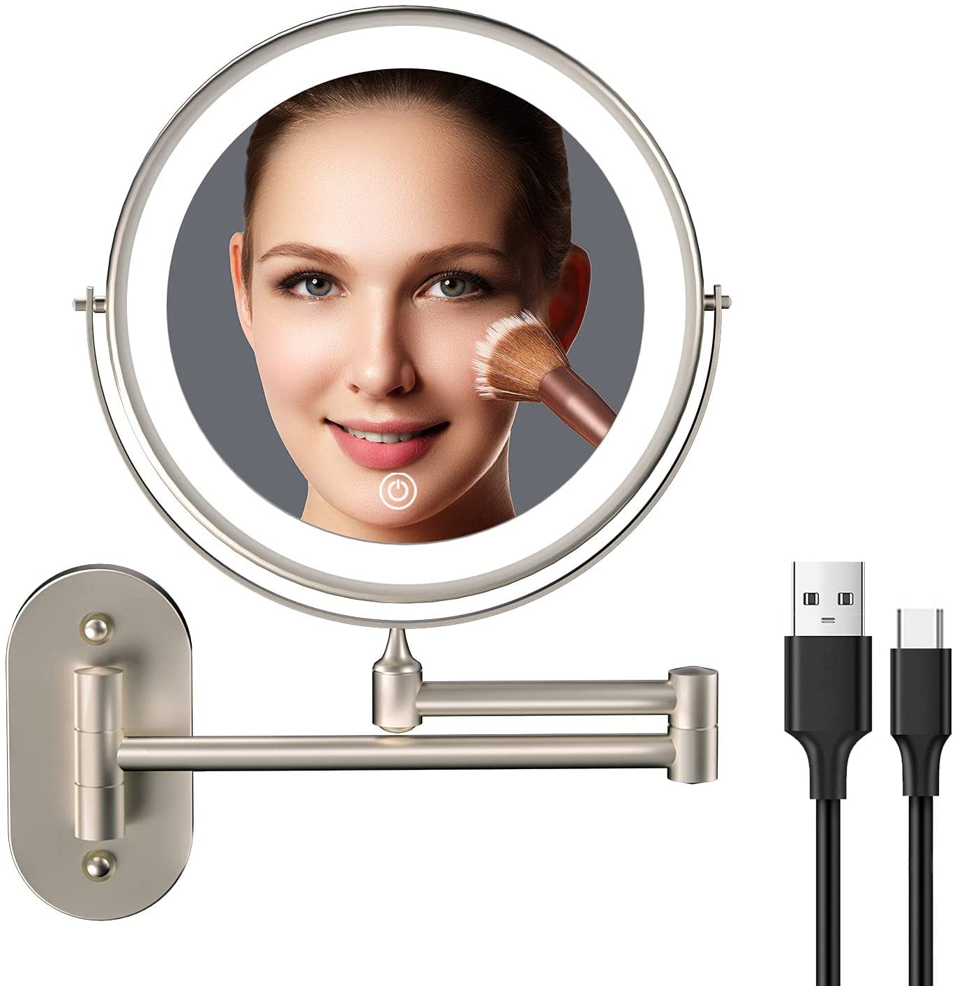 5000mAh Rechargeable Wall Mounted Lighted Makeup Vanity Mirror Double Sided 1X 30X Magnifying Bathroom Mirror, 3 Color Lighting, Touch Dimming, Extended Arm 360 Rotation Light up Mirror Antique Bronze