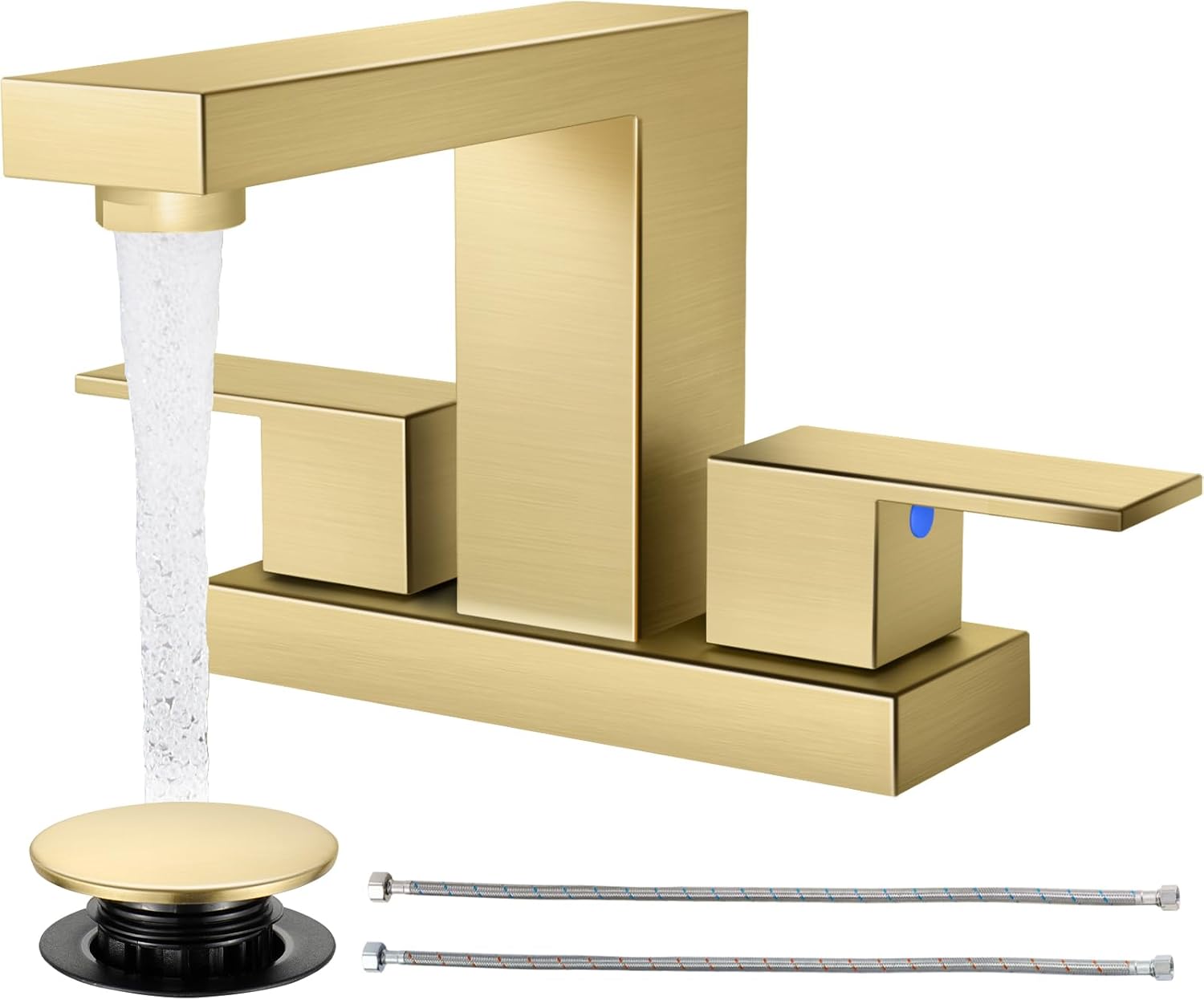 Cobbe Waterfall Bathroom Faucets 3 Hole, Matte Black Bathroom Sink Faucet Square 4 Inch Centerset with Pop-Up Drain, 2 Handle and 2 Supply Hoses, Lead-Free Stainless Steel for Vanity Sink Rv