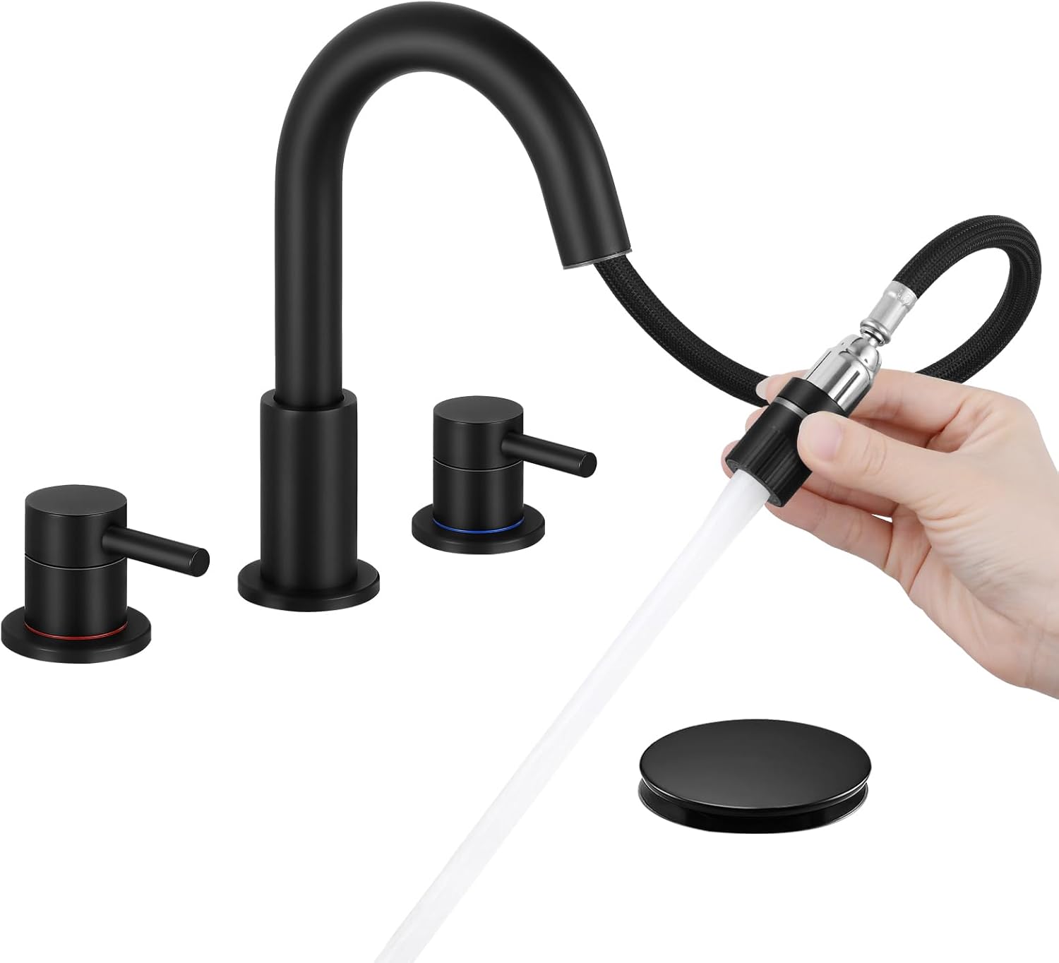 Bathroom Faucet 3 Hole, Brushed Gold Bathroom Sink Faucet with Pop Up Drain, 8 inch Widespread Bathroom Faucet with 360° Swivel Spout, 2 Handle Vanity Faucet with Water Supply Hoses