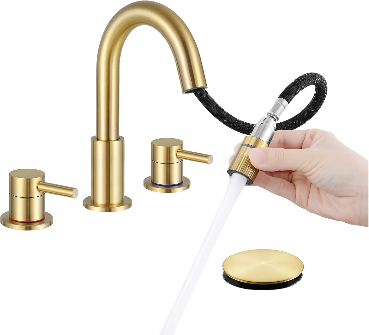 Bathroom Faucet 3 Hole, Brushed Gold Bathroom Sink Faucet with Pop Up Drain, 8 inch Widespread Bathroom Faucet with 360° Swivel Spout, 2 Handle Vanity Faucet with Water Supply Hoses