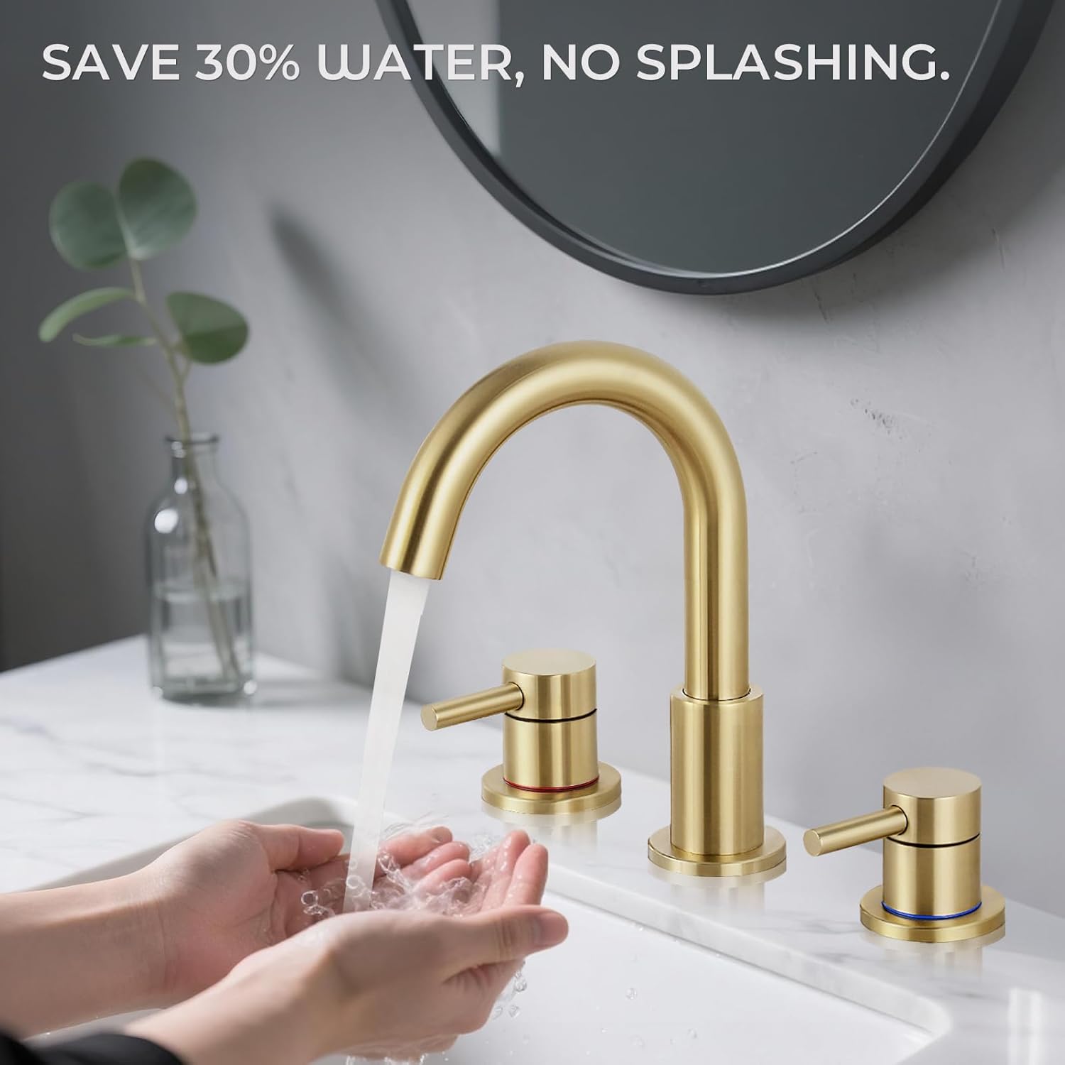 Bathroom Faucet 3 Hole, Brushed Gold Bathroom Sink Faucet with Pop Up Drain, 8 inch Widespread Bathroom Faucet with 360° Swivel Spout, 2 Handle Vanity Faucet with Water Supply Hoses