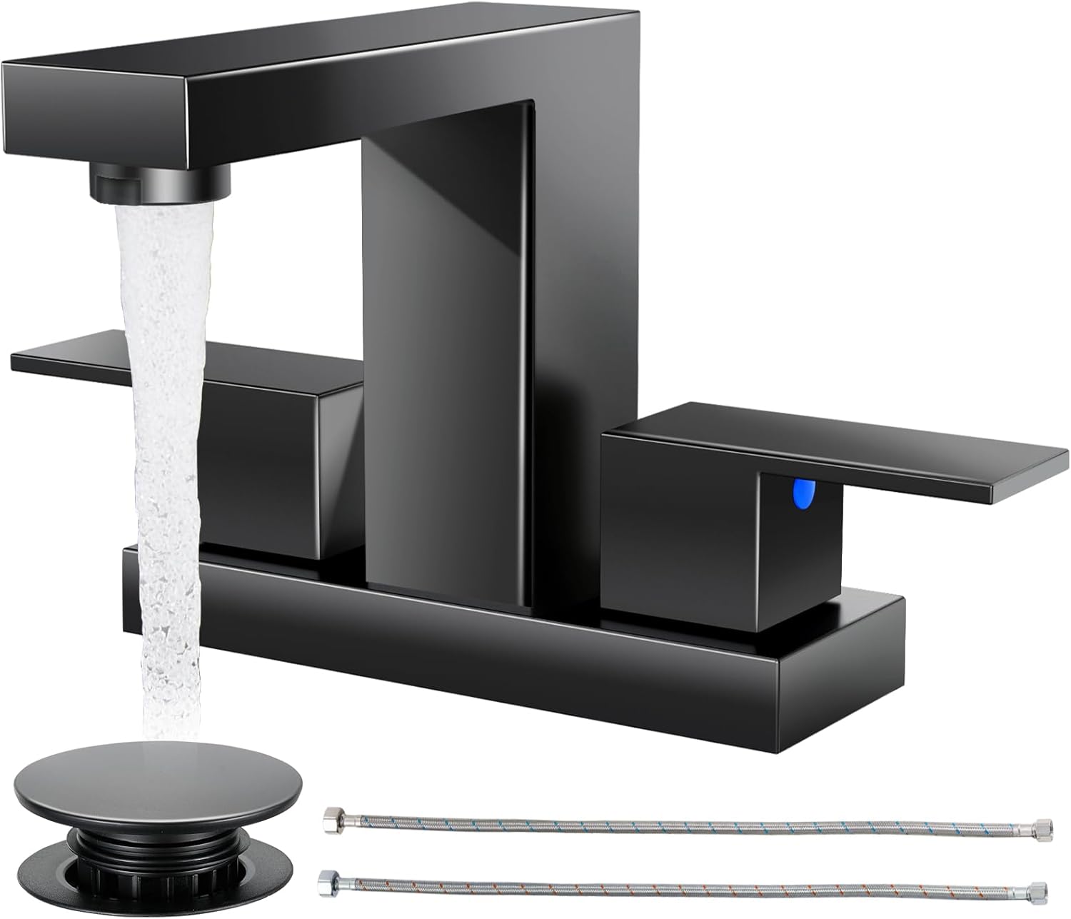Cobbe Waterfall Bathroom Faucets 3 Hole, Matte Black Bathroom Sink Faucet Square 4 Inch Centerset with Pop-Up Drain, 2 Handle and 2 Supply Hoses, Lead-Free Stainless Steel for Vanity Sink Rv