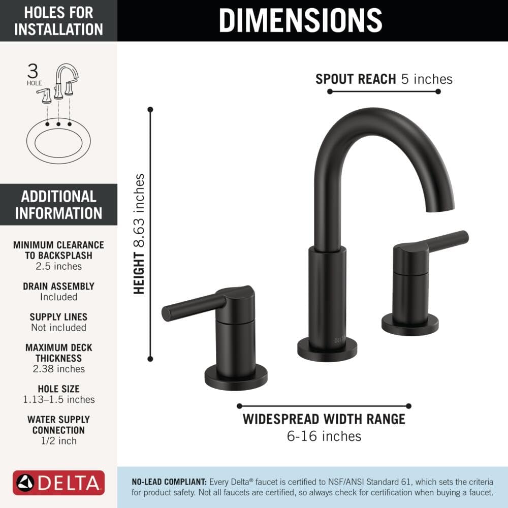 Delta Nicoli Matte Black Bathroom Faucet 3 Hole, 8 Inch Widespread Bathroom Sink Faucet for Vanity, Push-Pop Drain Assembly, Matte Black 35749LF-BL
