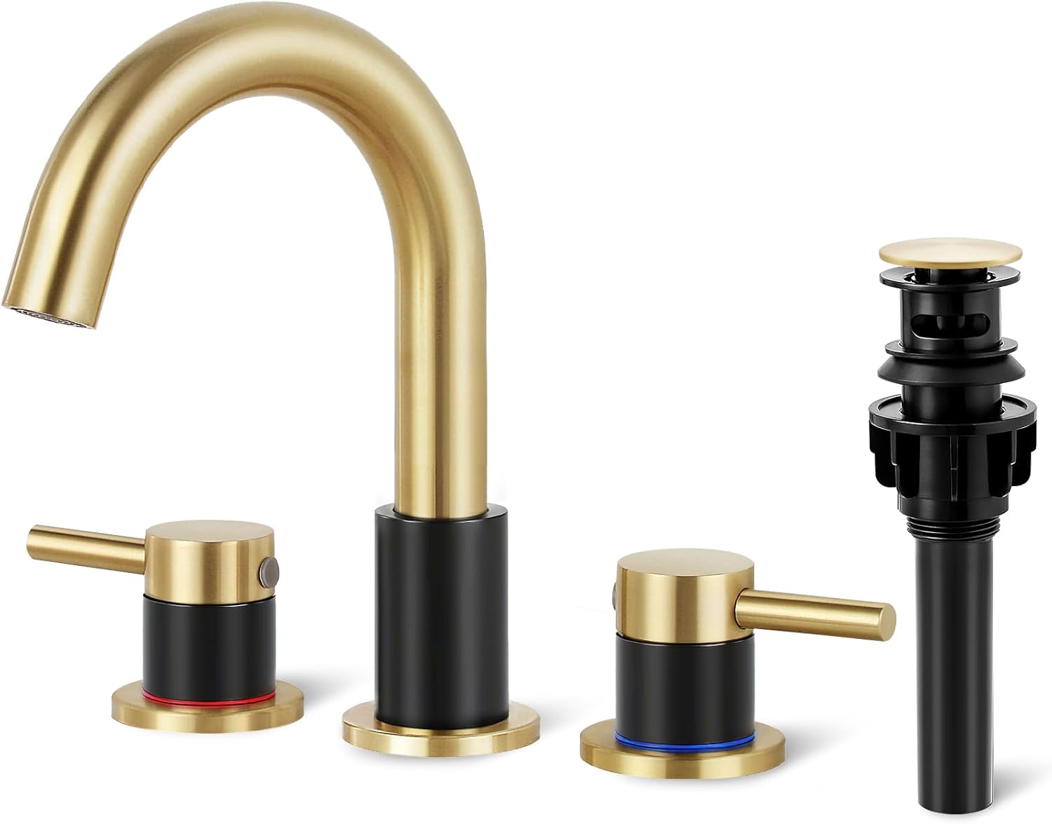 Bathroom Faucet 3 Hole, Brushed Gold Bathroom Sink Faucet with Pop Up Drain, 8 inch Widespread Bathroom Faucet with 360° Swivel Spout, 2 Handle Vanity Faucet with Water Supply Hoses