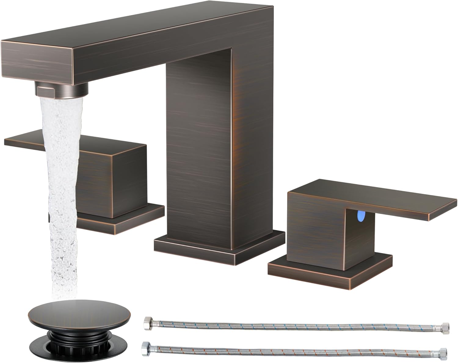 Cobbe Waterfall Bathroom Faucets 3 Hole, Matte Black Bathroom Sink Faucet Square 4 Inch Centerset with Pop-Up Drain, 2 Handle and 2 Supply Hoses, Lead-Free Stainless Steel for Vanity Sink Rv