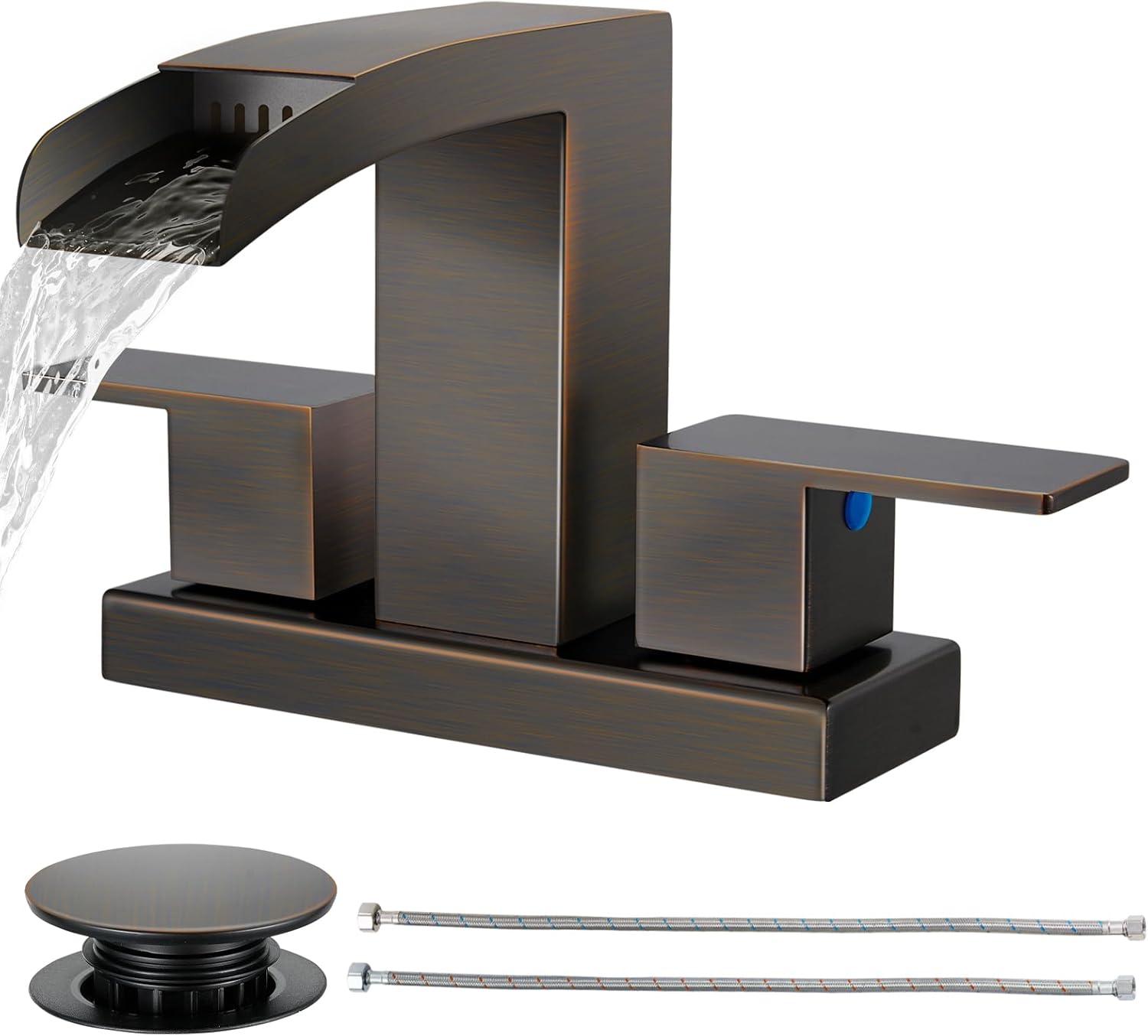 Cobbe Waterfall Bathroom Faucets 3 Hole, Matte Black Bathroom Sink Faucet Square 4 Inch Centerset with Pop-Up Drain, 2 Handle and 2 Supply Hoses, Lead-Free Stainless Steel for Vanity Sink Rv