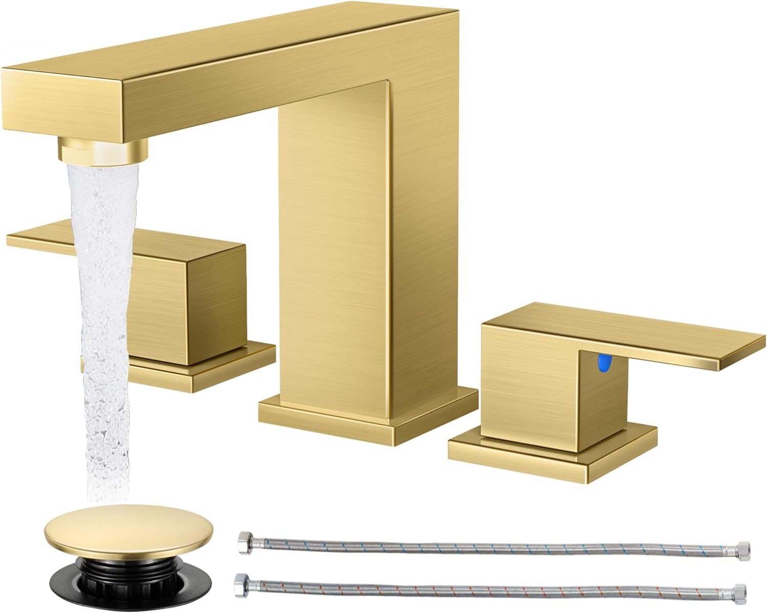 Cobbe Waterfall Bathroom Faucets 3 Hole, Matte Black Bathroom Sink Faucet Square 4 Inch Centerset with Pop-Up Drain, 2 Handle and 2 Supply Hoses, Lead-Free Stainless Steel for Vanity Sink Rv