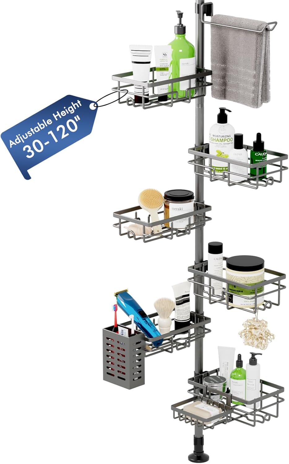 Shower Caddy Organizer Tension Pole, Rustproof 6-Pack Corner Shelf with 30-120 Inch Adjustable Shower Rack for Inside Shower, Extra Towel Bar & Soap Dish for Bathroom Organizers and Storage, Black