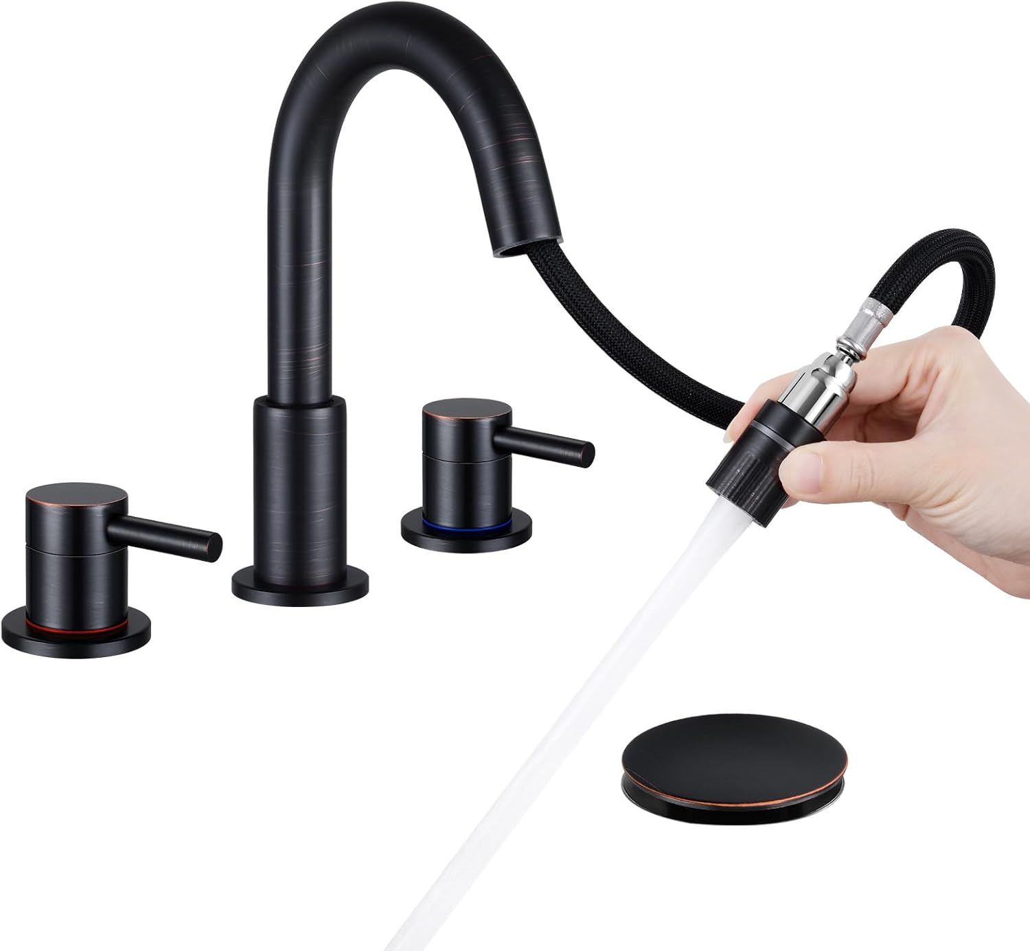 Bathroom Faucet 3 Hole, Brushed Gold Bathroom Sink Faucet with Pop Up Drain, 8 inch Widespread Bathroom Faucet with 360° Swivel Spout, 2 Handle Vanity Faucet with Water Supply Hoses