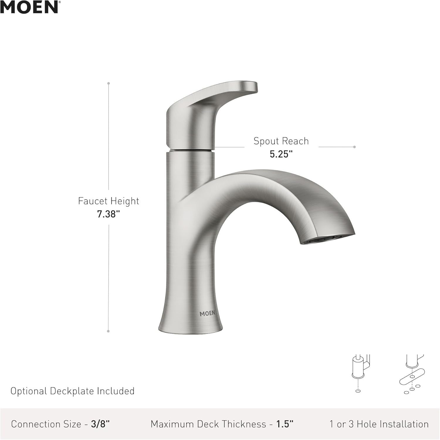 Moen Karis Spot Resist Brushed Nickel One-Handle Single Hole Bathroom Sink Faucet with Optional Deck Plate, 84346SRN