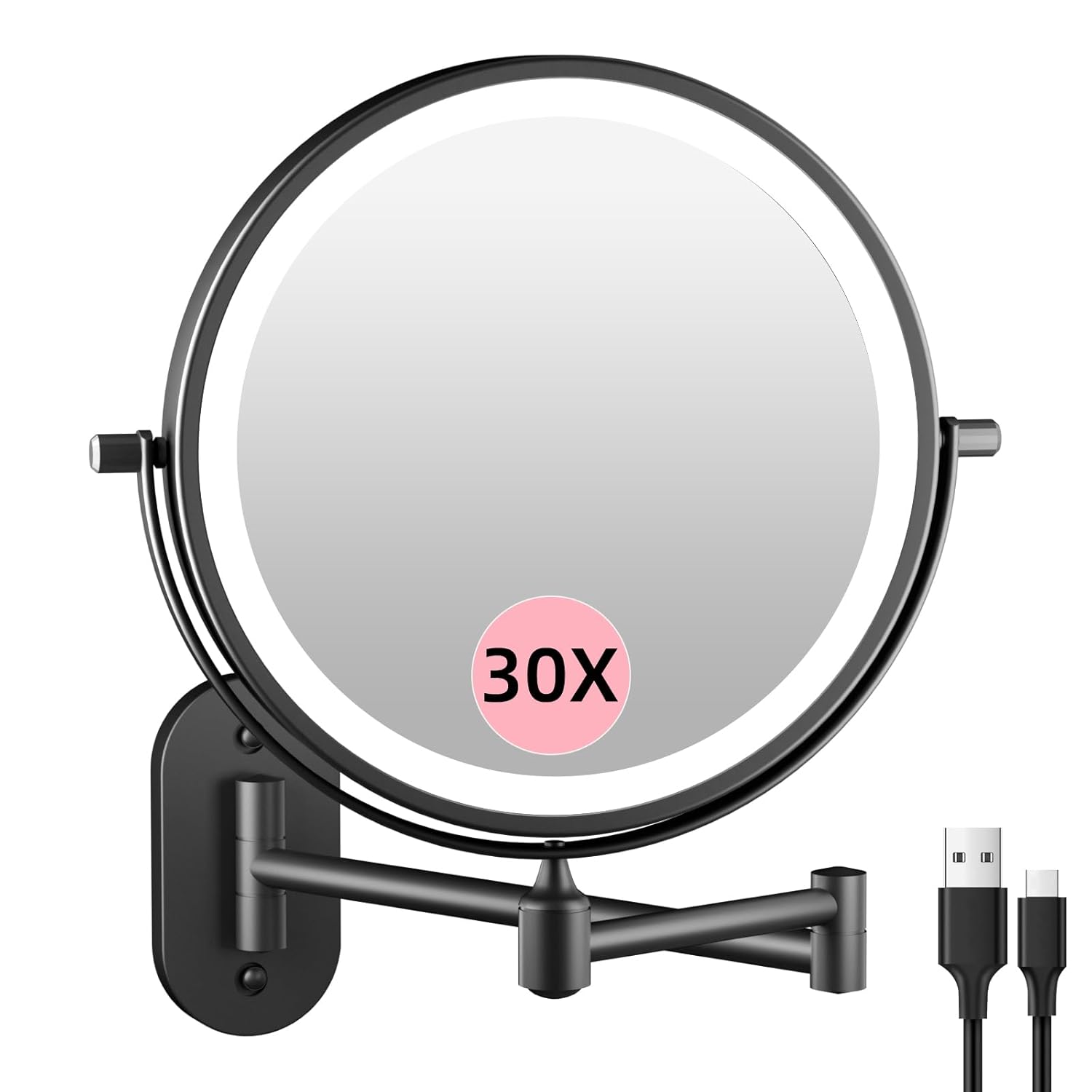 5000mAh Rechargeable Wall Mounted Lighted Makeup Vanity Mirror Double Sided 1X 30X Magnifying Bathroom Mirror, 3 Color Lighting, Touch Dimming, Extended Arm 360 Rotation Light up Mirror Antique Bronze