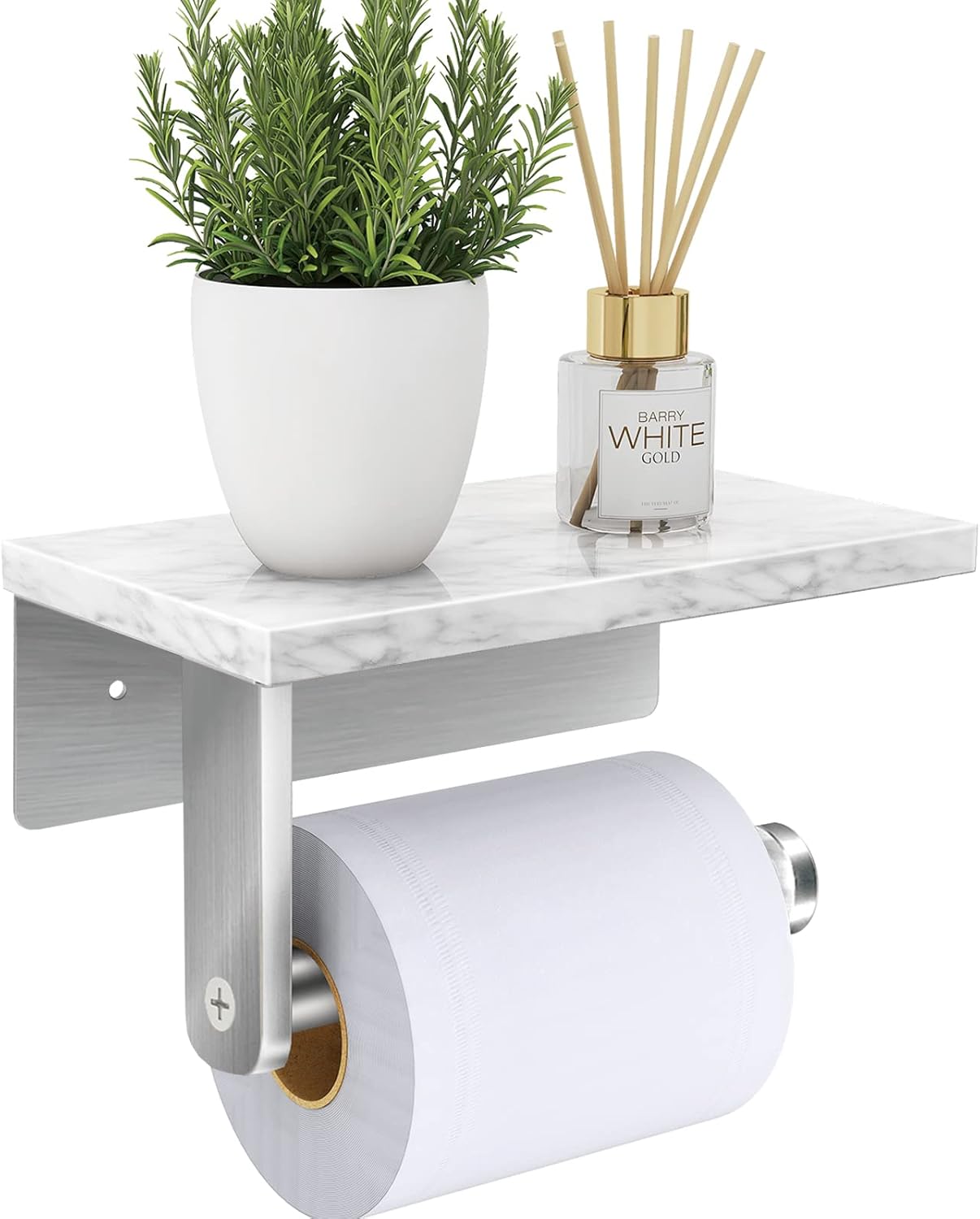 Brushed Nickel Toilet Paper Holder with Natural Marble Shelf, Screw Wall Mounted, Tissue Roll Holder for Bathroom Washroom