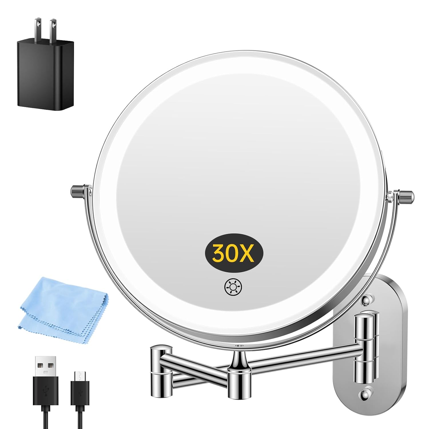 5000mAh Rechargeable Wall Mounted Lighted Makeup Vanity Mirror Double Sided 1X 30X Magnifying Bathroom Mirror, 3 Color Lighting, Touch Dimming, Extended Arm 360 Rotation Light up Mirror Antique Bronze