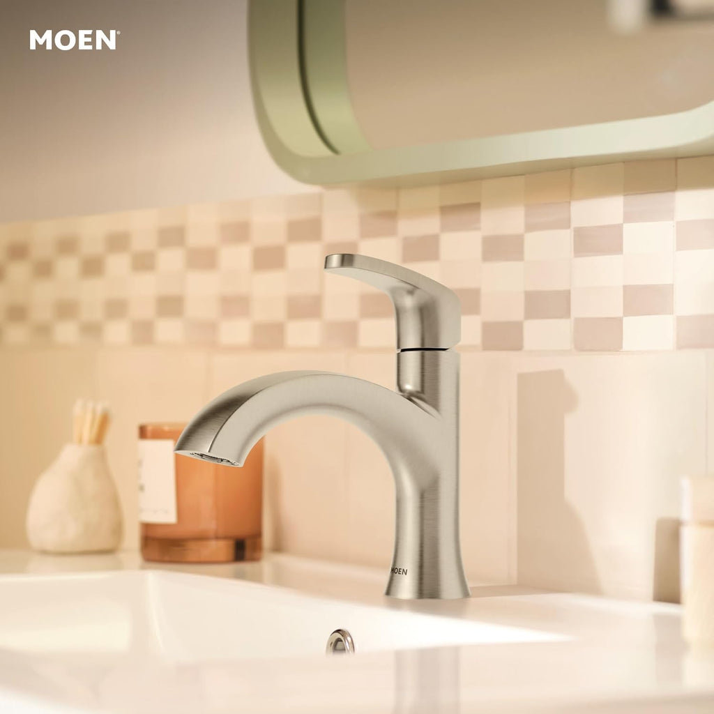 Moen Karis Spot Resist Brushed Nickel One-Handle Single Hole Bathroom Sink Faucet with Optional Deck Plate, 84346SRN