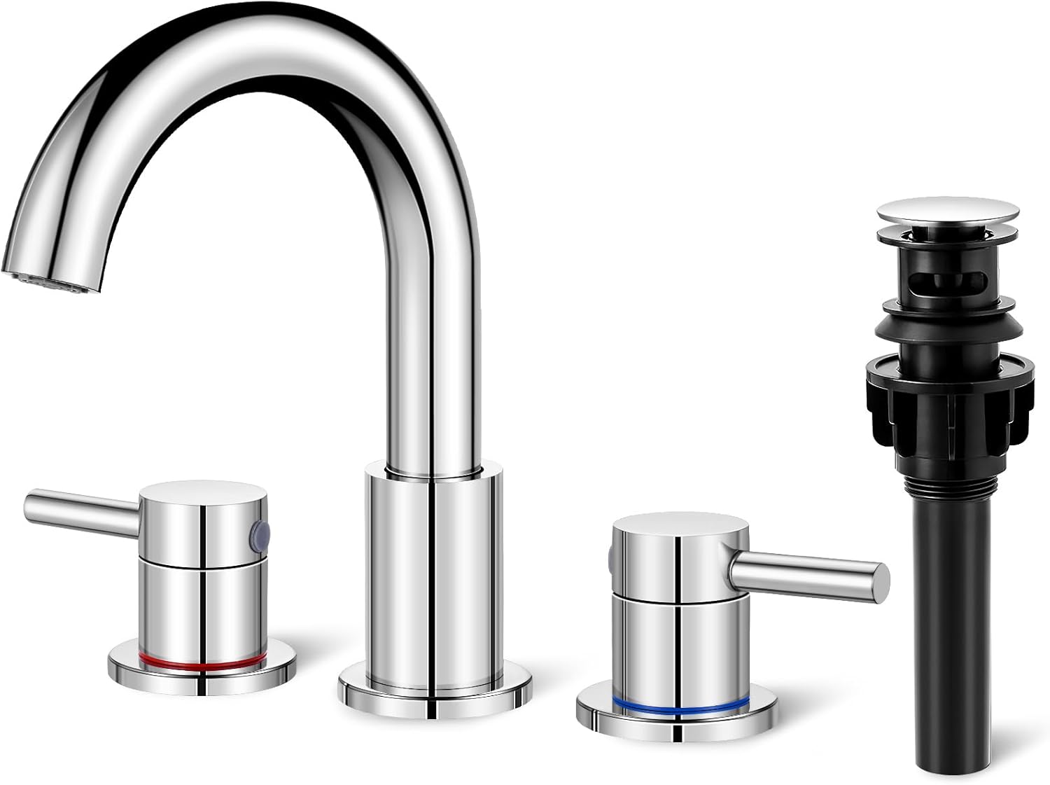 Bathroom Faucet 3 Hole, Brushed Gold Bathroom Sink Faucet with Pop Up Drain, 8 inch Widespread Bathroom Faucet with 360° Swivel Spout, 2 Handle Vanity Faucet with Water Supply Hoses