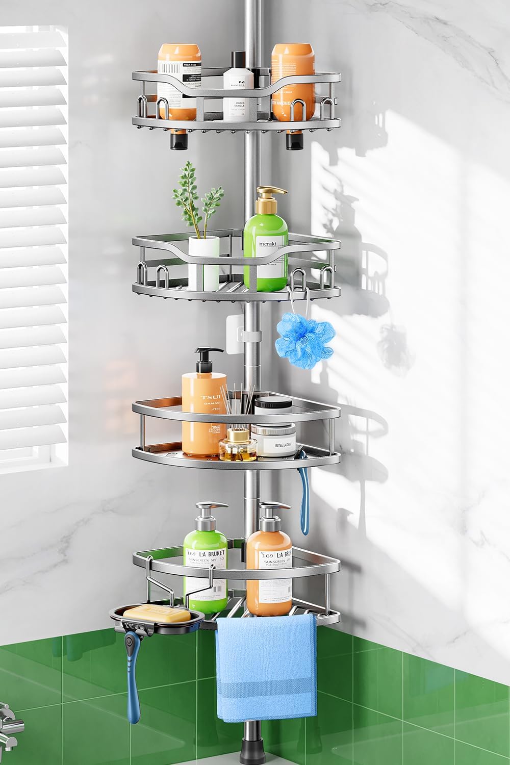 HAMITOR Shower Caddy Tension Pole: Rustproof Quick Install Corner Bathroom Organizer Shelf on Floor for Renters - 4-Tier Large Capacity Storage Rack with Soap Holder for Apartment -47-121 Inch/Black