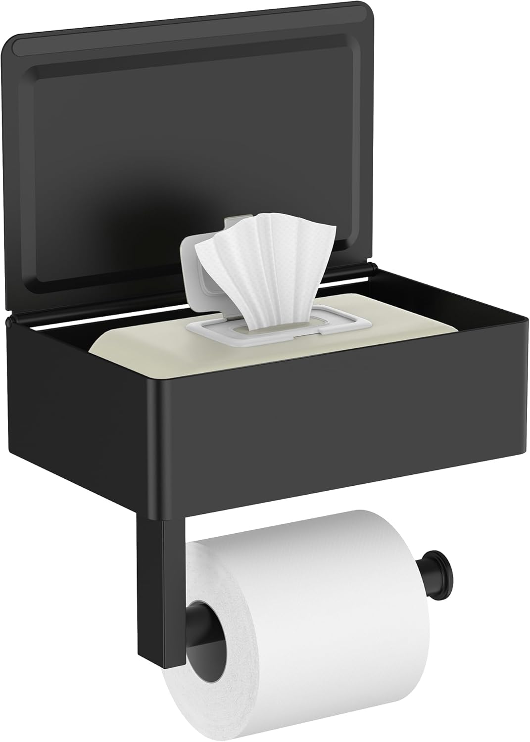 FORIOUS Toilet Paper Holder with Shelf, SUS304 Stainless Steel Wall Mount Toilet Paper Roll Holder, Flushable Wipes Dispenser Fits for Bathroom Wipe Storage, Bathroom Organizer (1, Matte Black)