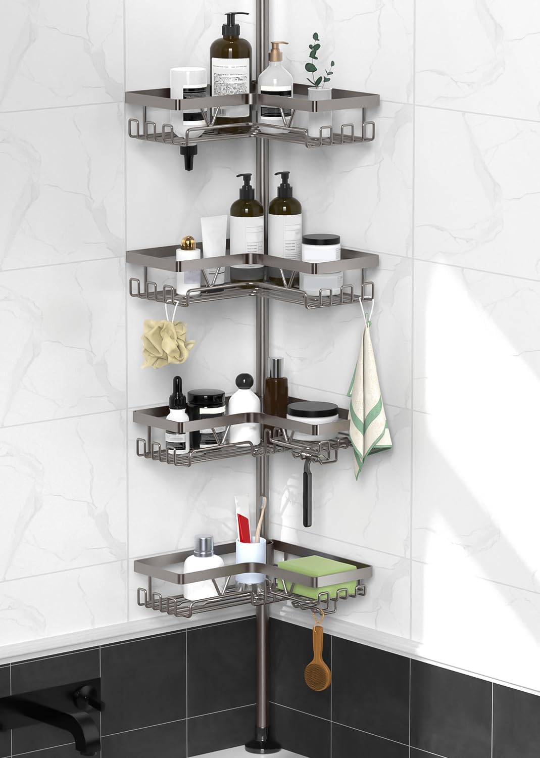 KEGII Corner Shower Caddy Tension Pole - Shower Tension Rod Organizer, Floor to Ceiling Shower Caddy 25-114.2 inch, Towel Rack Corner Waterproof, Black