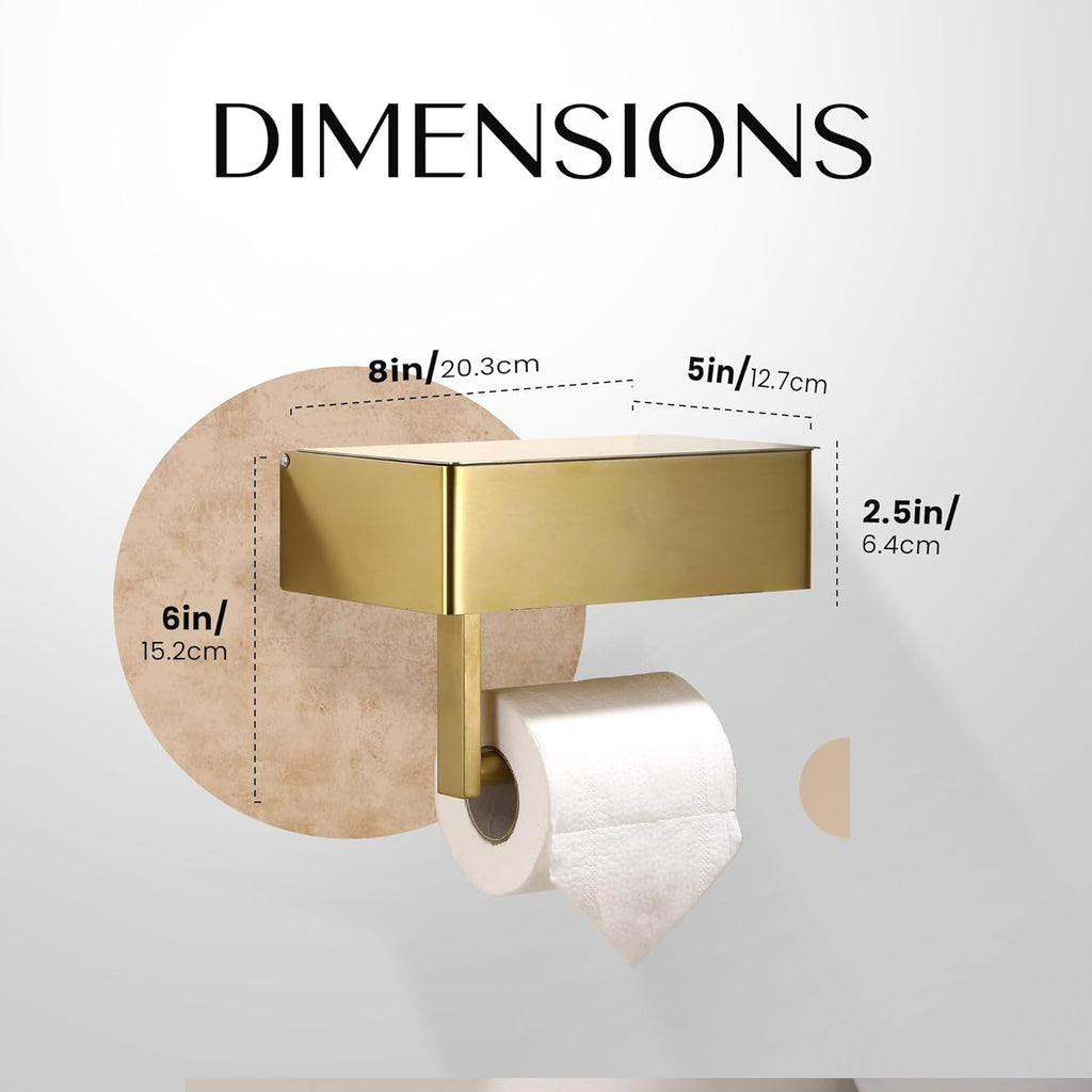 Day Moon™ Brushed Gold Toilet Paper Holder with Shelf, Wipe Holder for Bathroom Flushable Wipes Dispenser, Toilet Paper and Wipes Holder, Toilet Paper Holder with Storage