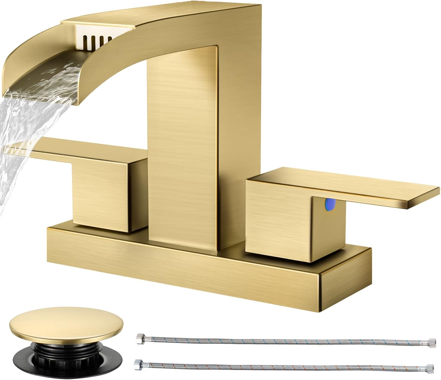 Cobbe Waterfall Bathroom Faucets 3 Hole, Matte Black Bathroom Sink Faucet Square 4 Inch Centerset with Pop-Up Drain, 2 Handle and 2 Supply Hoses, Lead-Free Stainless Steel for Vanity Sink Rv