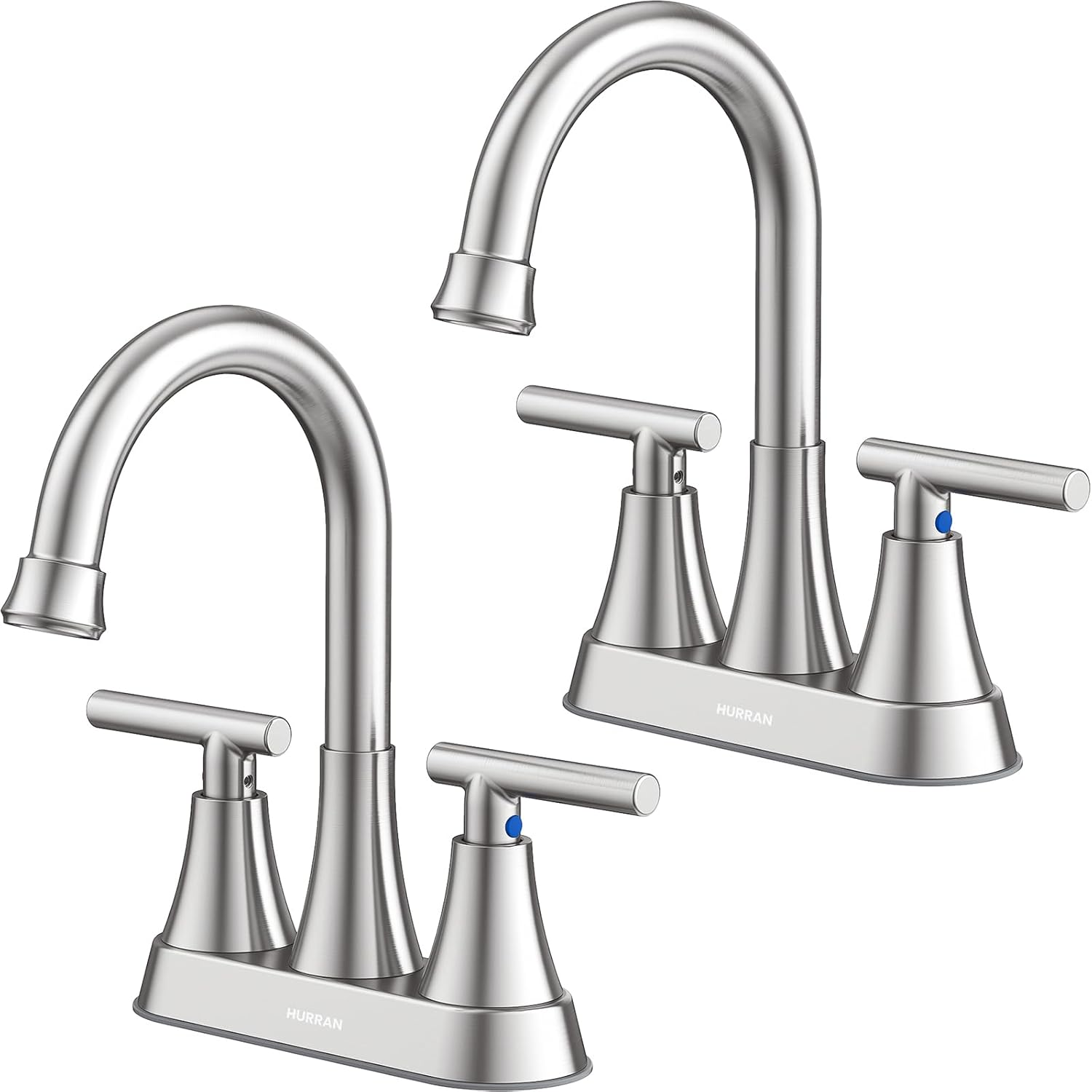 Bathroom Faucets for Sink 3 Hole, Hurran 4 inch Brushed Nickel Bathroom Sink Faucet with Pop-up Drain and Supply Hoses, Stainless Steel Lead-Free Centerset Faucet for Vanity RV, 2 Pack