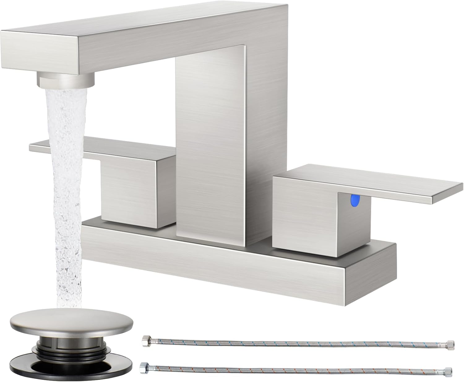 Cobbe Waterfall Bathroom Faucets 3 Hole, Matte Black Bathroom Sink Faucet Square 4 Inch Centerset with Pop-Up Drain, 2 Handle and 2 Supply Hoses, Lead-Free Stainless Steel for Vanity Sink Rv